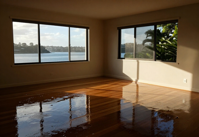 Flood-damaged living room in Blakehurst before restoration